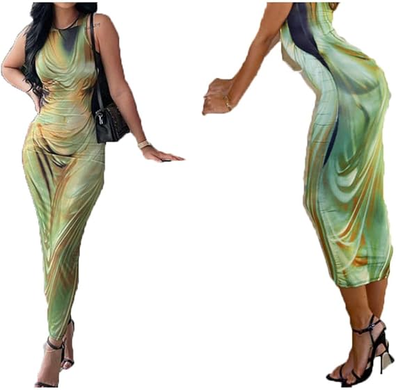 Women's Maxi Bodycon Dresses Printed Tie-Dye Fitted Slim Long Dress Cocktail Party Clubwear