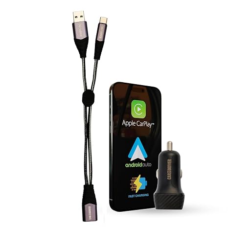 12V Fast Dual-Port Cigarette Lighter USB Car Charger Kit, USB-C & A, Black | Supports Apple Carplay & Android Auto, Tangle-Free Nylon Cable, Data + Power Hub, Plug-and-Play For Road Trips & Commutes