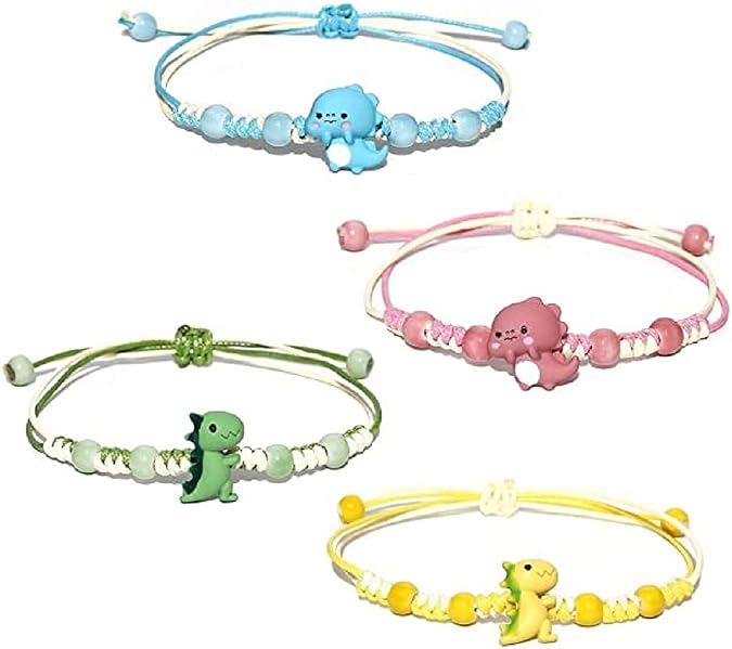 4 Pcs Cute Dinosaurs Bracelets Set Multicolor Luck String Rope Chain Cord Thread Braided Bracelet Colorful Dinosaur Beaded Bracelet Good Protection Friendship Wish Bracelet Jewelry for Women