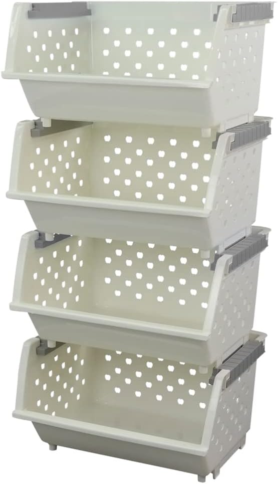 Kekow 4-Pack Plastic Large Stacking Organizer Basket, Stackable Storage Basket, White