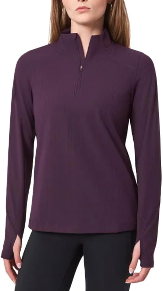 Mondetta Women's Long Sleeve Active Ribbed 1/2 Zip Top with Thumb Holes (US, Alpha, Medium, Regular, Regular, Purple)