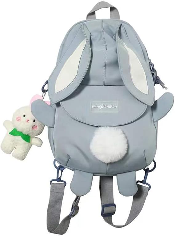 Kawaii Bunny Ear Backpack with Cute Bear Pendant for Girl Student Teen School Bag Book Bag Travel Backpack (Small, F-Blue)