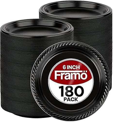 Framo Disposable Black Plastic Plates, Pack of 180-6-Inch Round Plastic Plates (BLACK, 6-INCH 180 PACK)