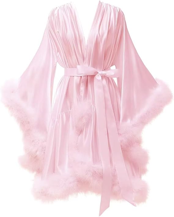 Tianzhihe Feather Robe Silk Satin Short Sexy Bridal Dressing Gown Sexy Bathrobe Sleepwear Nightgown