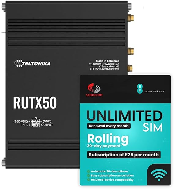 Teltonika RUTX50 Dual Network 5G Mobile Router + EE Rolling 30-Day Plan – £25/Month, QR-Code Activation