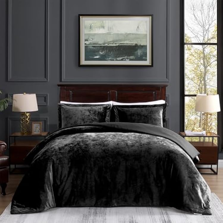 TAMGHO Crushed Velvet Comforter King, Black King Size Bedding for All Seasons, Luxury Soft 3pc Bed Set, 1 King Comforter 108x96 and 2 King Pillow Shams 20x36