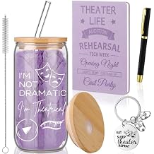 4 Pcs Theatre Gifts for Women Teens Theater Life 16oz Glass Cup Leather Notebook Ballpoint Pen Keychain Musical Broadway Graduation Gifts for Theatre Performers Directors Actors Drama Teacher(Purple)
