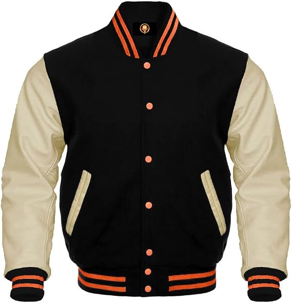 Letterman Varsity Baseball Bomber Jacket Genuine Leather Sleeves Wool Body Jackets Team Colors Option (XXL, Black/Cream Orange Strip)