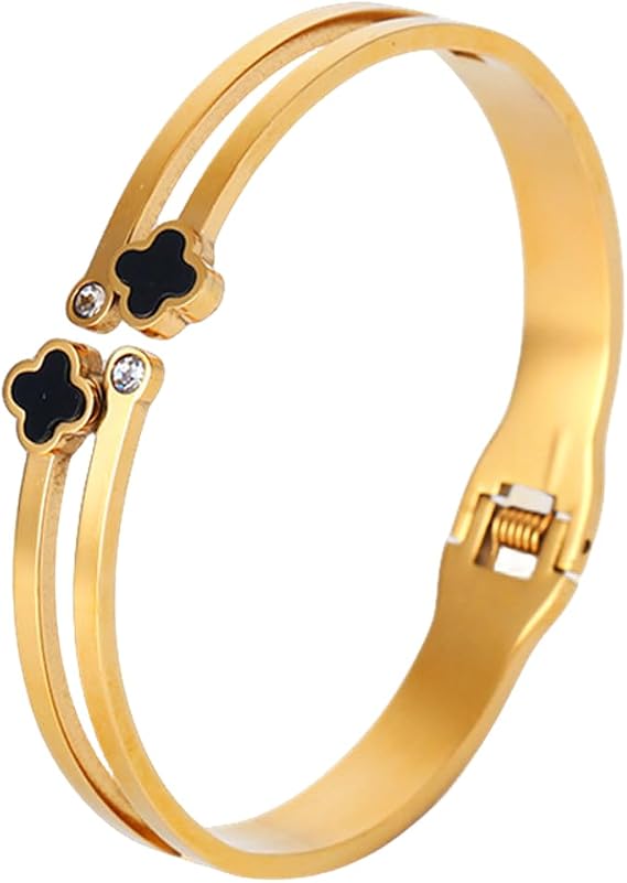 GAUEIOUR Gold Plated Bangle Bracelet,Black Shell Lucky Leaf Titanium Steel Bracelet, Fashionable Double-Layer Women's Zircon Open Bracelet, Double Lucky Symbol, Lucky Gift