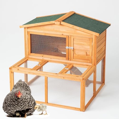 TAKUKA Outdoor Mobile Wooden Small Animals Rabbit Hutch with Nest Box, 2 Story Bunny Quail Duck Cage Hutch with Weatherproof for Backyard 43W38D39H