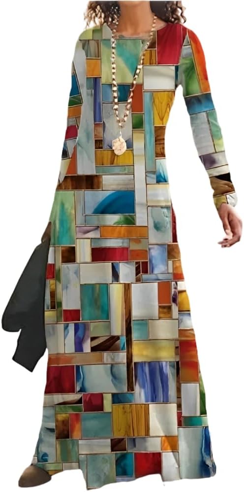 TIAFORD Women's Fall Crewneck Ethnic Style Floral Print Maxi Dress Casual Long Sleeve Floor Length A Line Dresses for Women