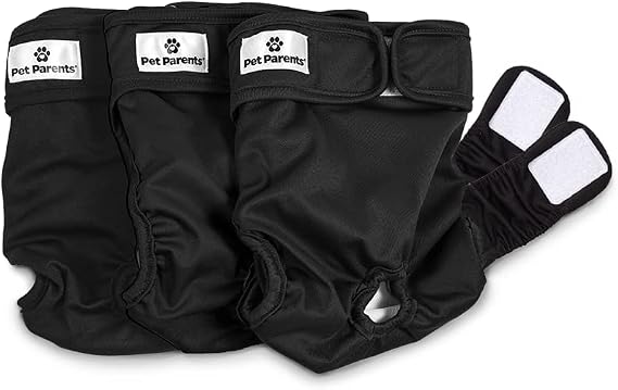 Pet Parents Washable Dog Diapers (3pack) + Extendrs of Durable Doggie Diapers, Premium Dog Diapers Female & Male (X-Small, Black)