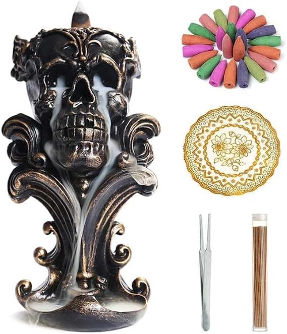 Comeon Backflow Incense Holder Burner Resin Skull Waterfall Metallic Gold