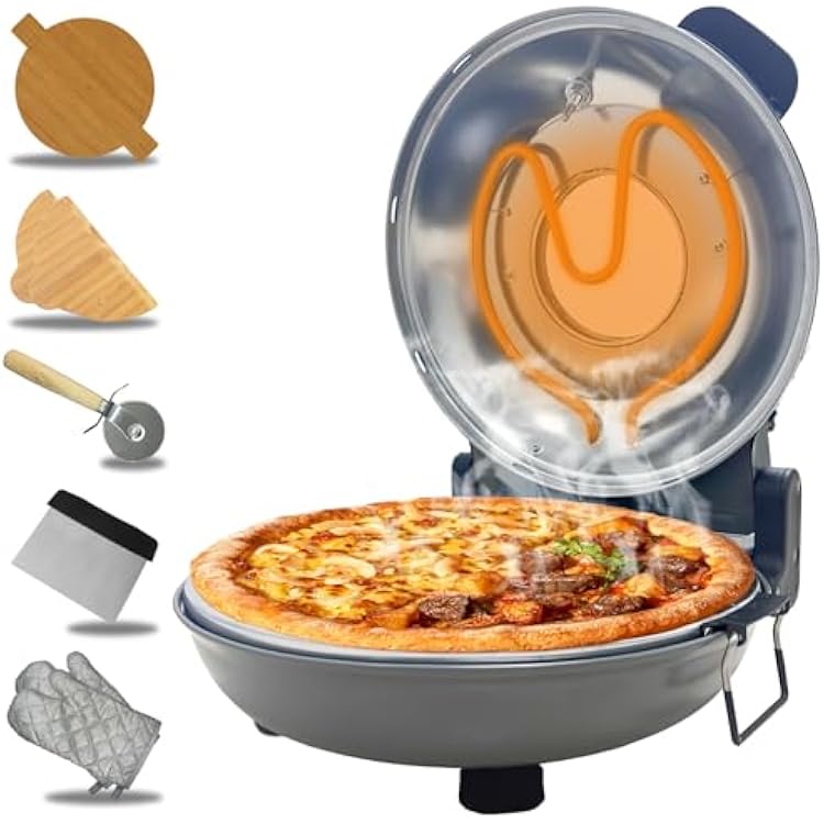 Pizza Oven Indoor, 12 Inch Retro Pizza Maker, Rapid Heating 800 F, 1200W Glazed Ceramic Stone Electric Pizza Cooker, Two-button Precise Temperature Control, Viewing Window for Precise Cooking