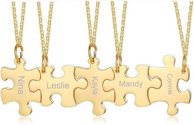 Stainless Steel Personalized Name Puzzle Piece Necklace for 2/3/4/5/6 BFF Best Friend Connected Stitching Necklace Friendship Jewelry Customized Family Jewelry