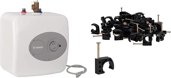 Bosch Electric Mini-Tank Water Heater Tronic 3000 T 4-Gallon (ES4) & Highcraft ID234x50 Half Clamp J-Hook with Nail For Pex Tubing Pipe Support, 1/2 in, Black