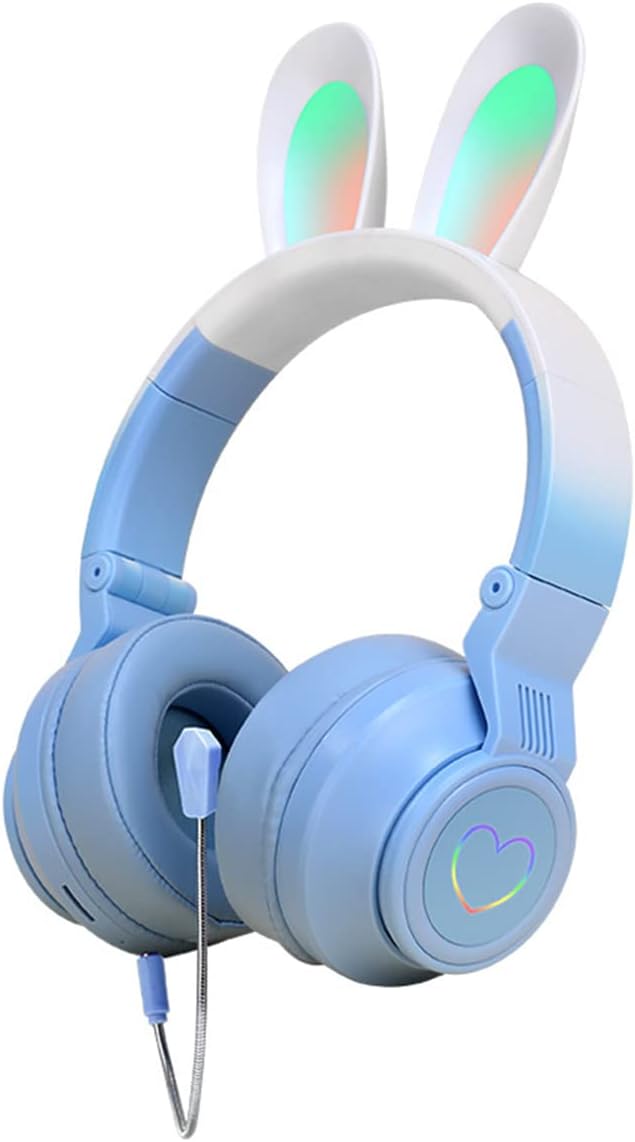 JINSERTA Kids Headphones with Bunny Ear LED Light Up, Noise Cancelling Adjustable Microphone Headset, Wireless Foldable Over-Ear Headphones for Kids GiftsSchoolTabletTravel Blue