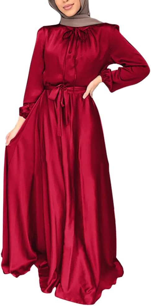 IBAKOM Abaya for Women Satin Muslim Dress Arabian Dubai Attire Eid Ramadan Prayer Clothes Modest Islamic Turkish Jilbab