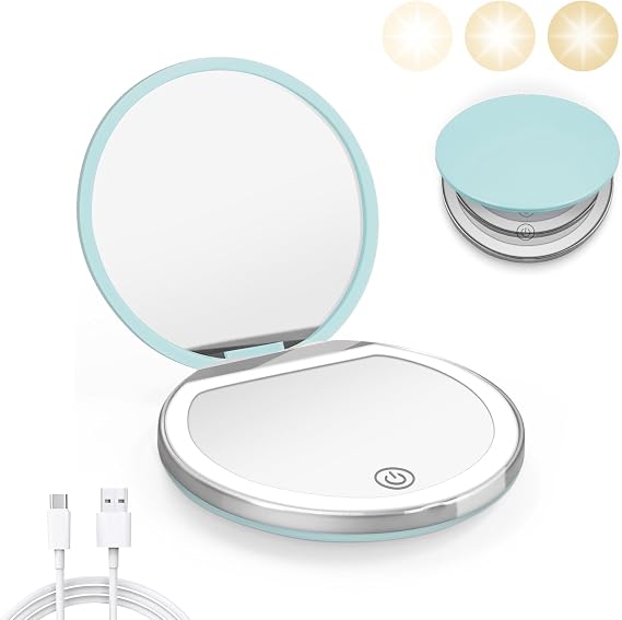 Mint Green Compact Mirror with Light, 1X/3X Magnification LED Pocket Mirror
