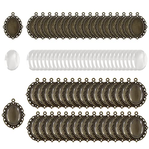Unlorspy 35 Sets Bronze Oval Pendant Trays Kit, Alloy Oval Bezel Pendant Settings for Crafting DIY Photo Jewelry Making Include 35Pcs Oval Pendant Trays Bezel Blanks & 35Pcs Clear Glass Cabochon