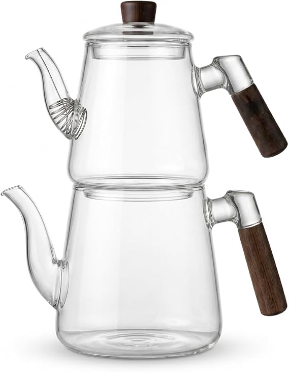 Deconox 1000 ml + 750 ml Akasya Ahşap Kulplu Cam Çaydanlık Takımı - Isıya Dayanıklı Borosilikat Pürüzsüz Şeffaf Tasarım, Yaylı Süzgeçli Lüks Çaydanlık