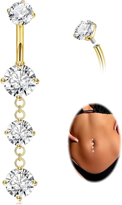 14G G23 Titanium Dangle Belly Button Rings for Women CZ Round Belly Rings Internally Threaded Flower Navel Ring Hypoallergenic Curved Barbell Belly Piercing Jewelry