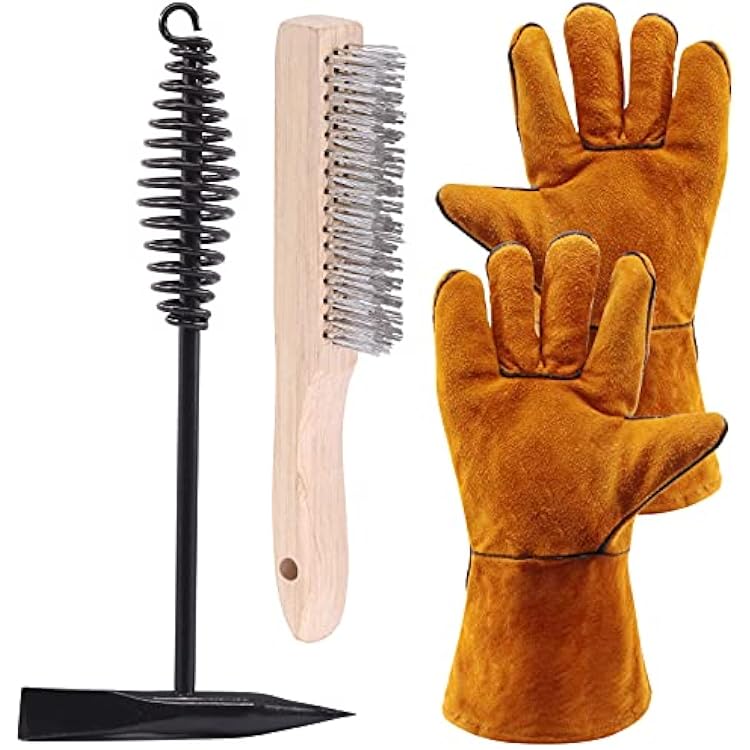 Glarks 4Pcs 10 Chipping Hammer With Coil Spring Handle and Wire Brush, Pair of Welding Gloves for Removing Slag and Residue
