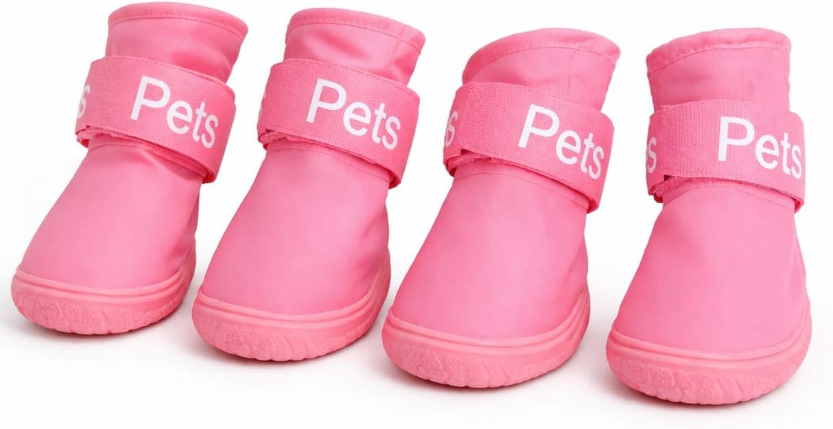 Köpek Ayakkabısı 4’lü Set Su Geçirmez Kaymaz Tabanlı Köpek Botu Küçük Orta Irk Köpekler İçin Koruyucu Patik Yağmur Kar Çamur İçin Dayanıklı Evcil Hayvan Ayakkabısı Pembe (Small)