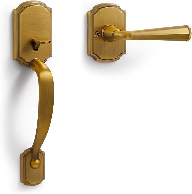 1 Pack Antique Brass Front Door Handles Reversible Lever Entry No Lock Handleset Entry Way Door Handle