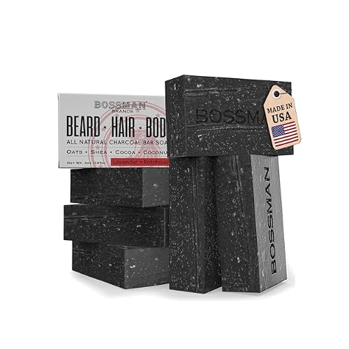 Bossman 6-Pack 4-in-1 Charcoal Soap Bar 4 oz Bar Soap for Men All-Natural Beard Wash, Shampoo, Body Wash & Shaving Solution Lavender & Patchouli Scent