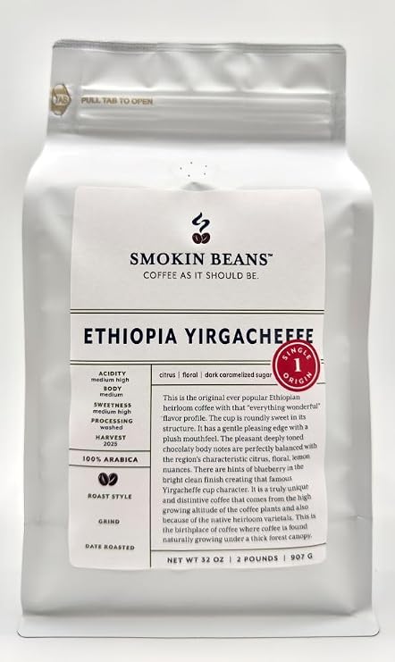 Smokin Beans 2-Pound Africa Ethiopia Yirgacheffe Coffee, Washed Processing, Medium Roast, Premium Whole Bean Specialty Coffee