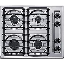 Summit 24" 4-Burner Gas Cooktop, Sealed Burners, Electric Ignition, 115V Gas Cooktop, Cast Iron Grates Included, Made in the USA, Stainless Steel Look - ZTL033S