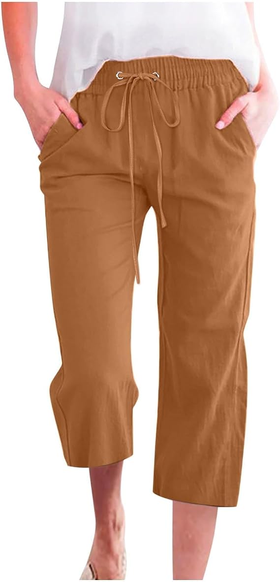 yaoeye Capri Pants for Women Casual 2025 Summer Drawstring Elastic High Waist Linen Pant Straight Wide Leg Cropped Trouser