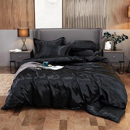 True Silk Satin Luxurious Comforter - box stitched - 300 Gsm Fluffy Comforter - Down Alternative Comforter - Soft and Comfortable - Machine Washable - Ultra Soft Comforter Black,Full/Queen