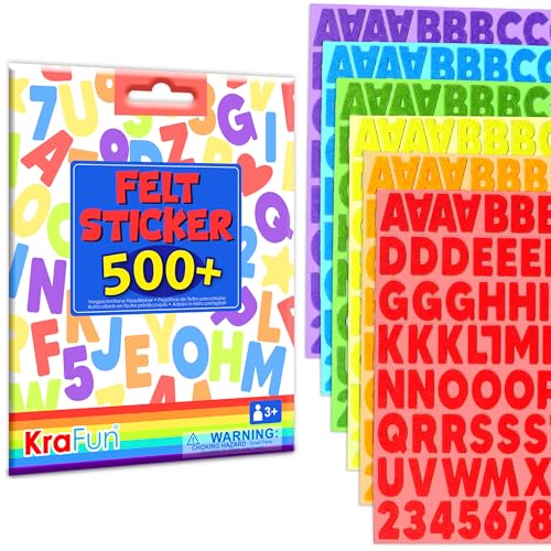 KRAFUN 500 Felt Stickers for Toddlers & Kids - Self-Adhesive Alphabet Letters, Numbers & Shapes - No-Mess DIY Scrapbook Arts and Crafts Supplies - Educational Learning Activity Gift for Ages 3