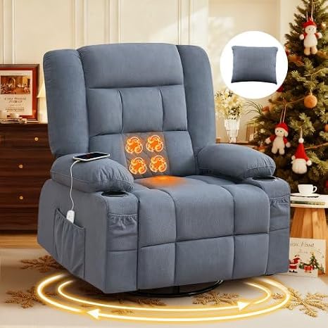 Massage Swivel Recliner Chair, Oversized Rocker Recliner with 4-Point 3D Kneading Massage and Heat, Recliner Chair Single Sofa with Cup Holders and USB Charge Port