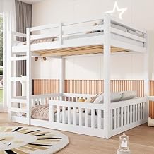 Bellemave Bunk Bed Full Over Full with Rail and guardrail, Full Bunk Bed for Kids, Girls, Boys, Floor Bunk beds with Fence, Solid Pine Wood, White