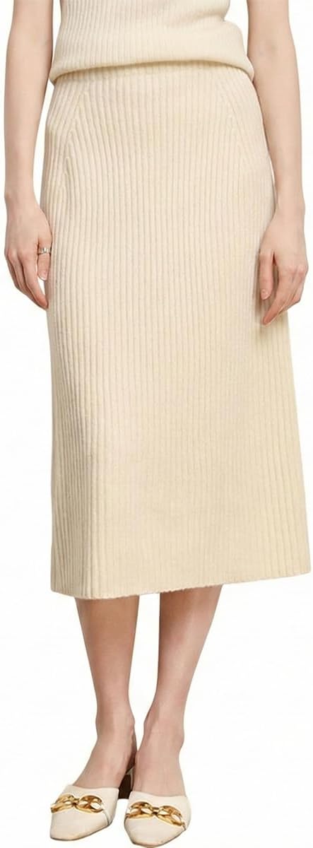 Women's Ribbed Knit Sweater Skirt, Wool Blend High-Waist Elastic Mid-Length Skirt for Winter & Fall