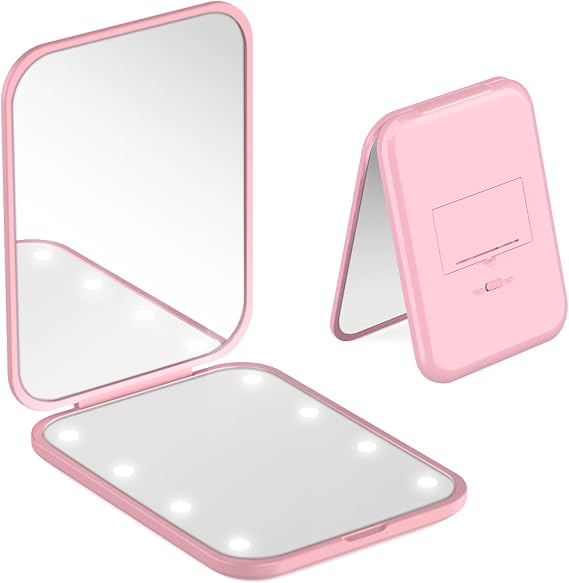 Pocket Mirror, 1X/3X Magnification LED Compact Mirror with Iternal BIattery | Portable, Handheld, Foldable Travel Makeup Mirror for Purse, Travel and Daily Use, Ideal for Gift Giving, Pink