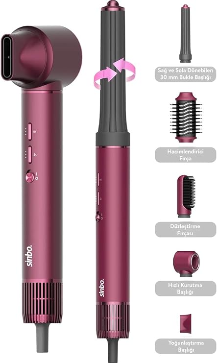 Sinbo Pro Compact Uzun Multi-styler Hava Üfleme 5in1 Saç Şekillendirici Bldc Shd-1729 Royal Gilded Red