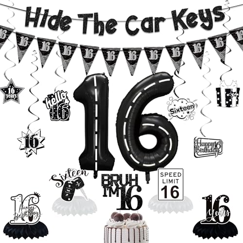 Holkcog Black 16th Birthday Decorations, Hide The Car Keys Party Banner for 16 Years Old Boys, Black 16 Birthday Honeycomb, 16th Party Centerpieces Hanging Signballons, Sixteen Supplies