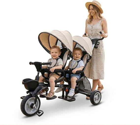 QPlay Baby Evolutionary Tricycle for Two | Twins or Siblings | 10-36 Months | 50kg Capacity