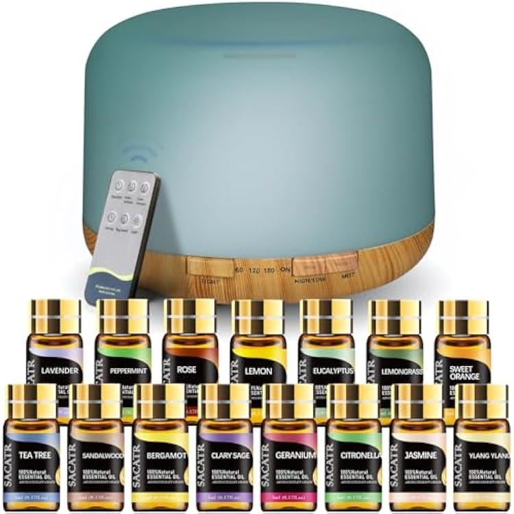 SACATR 500ml Essential Oil Diffuser with 15 Essential Oils, Ultrasonic Cool Mist Humidifier, Remote Control, 4 Timers, 15 Color Lights, Auto Shut-Off