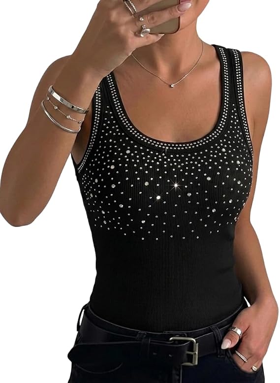CHICME Womens Rhinestone Tank Top Fitted Ribbed Shirt