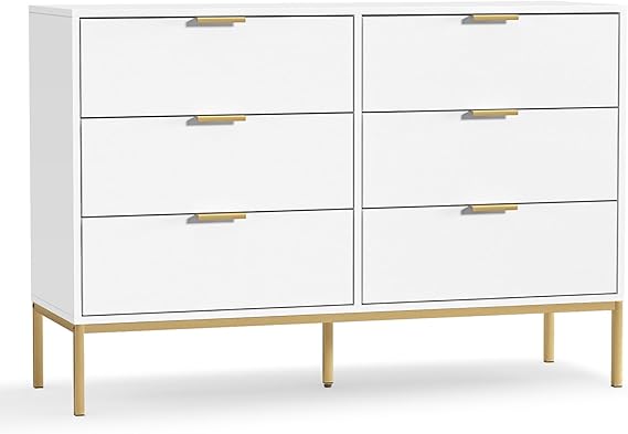 Modern 6 Drawer Dresser, White Dressers for Bedroom, Chest of Drawers Closet Organizers and Wood Storage Clothes, White Dresser with Golden Handles for Living Room, Hallway