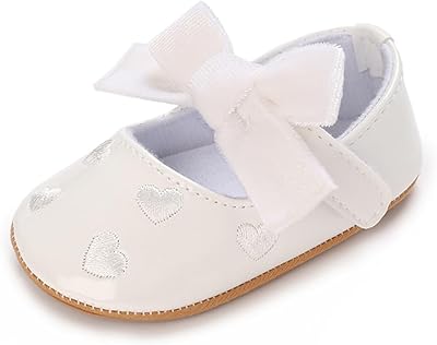 Clowora Infant Toddler Baby Girl Dress Shoes Mary Jane First Walking PU Leather Princess Wedding Rubber Sole Non-Slip with Bowknot Floral Flats