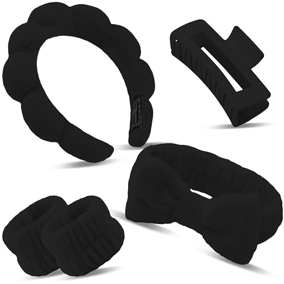 Canitor Sponge Spa Headbands Wristband Set with Hair Clips Skincare for Washing Face Non Slip Puffy Terry Cloth Makeup Headband Face Wash Wrist Bands Cute Trendy Stuff black