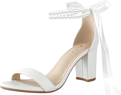 Ankis White Heels Wedding Shoes for Bride Women Chunky Heels Pearl Bow Heeled Sandals 2.75 Inch