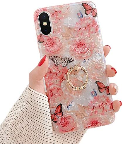 Qokey for iPhone Xs Max Case 6.5 inch,Clear Flower Design Cute Fashion for Women Girls with 360 Degree Rotating Ring Stand Holder Kickstand Soft TPU Shockproof Cover Rose Butterfly