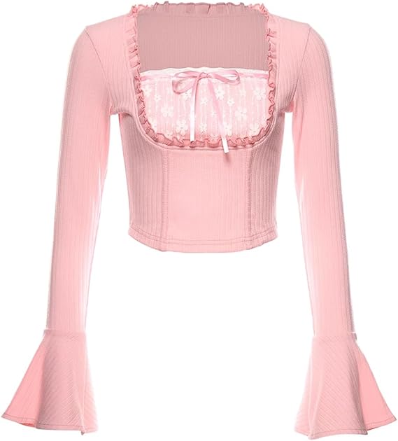 Japanese Style Sweet Ruffle Lace Bow Lolita Blouse Puff Long Sleeve Cute Shirts Casual Basic Soft Crop Tops